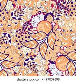 Tracery seamless calming pattern. Mehndi design. Ethnic colorful doodle texture. Curved doodling background. Vector.