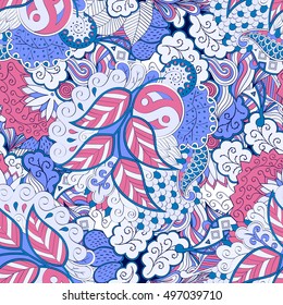 Tracery seamless calming pattern. Mehndi design. Ethnic colorful doodle texture. Curved doodling background. Vector.