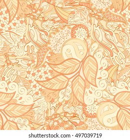Tracery seamless calming pattern. Mehndi design. Ethnic colorful doodle texture. Curved doodling background. Vector.