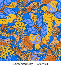 Tracery seamless calming pattern. Mehndi design. Ethnic colorful doodle texture. Curved doodling background. Vector.