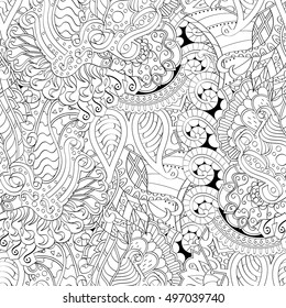 Tracery seamless calming pattern. Mehndi design. Ethnic monochrome binary doodle texture. Curved doodling black and white background. Vector.