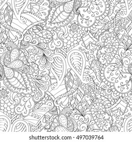 Tracery seamless calming pattern. Mehndi design. Ethnic monochrome binary doodle texture. Curved doodling black and white background. Vector.