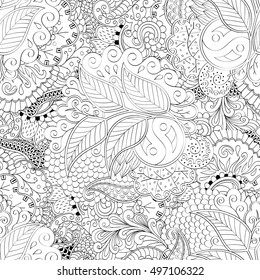 Tracery seamless calming pattern. Mehndi design. Ethnic monochrome binary doodle texture. Curved doodling black and white background. Vector.