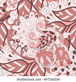 Tracery seamless calming pattern. Mehndi design. Ethnic colorful doodle texture. Curved doodling background. Vector.