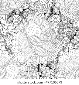 Tracery seamless calming pattern. Mehndi design. Ethnic monochrome binary doodle texture. Curved doodling black and white background. Vector.