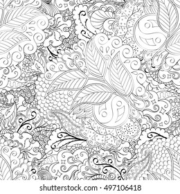 Tracery seamless calming pattern. Mehndi design. Ethnic monochrome binary doodle texture. Curved doodling black and white background. Vector.