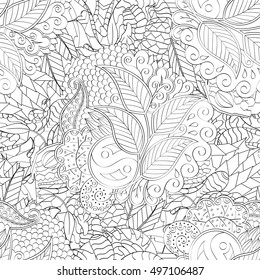 Tracery seamless calming pattern. Mehndi design. Ethnic monochrome binary doodle texture. Curved doodling black and white background. Vector.