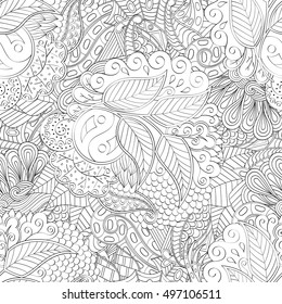 Tracery seamless calming pattern. Mehndi design. Ethnic monochrome binary doodle texture. Curved doodling black and white background. Vector.