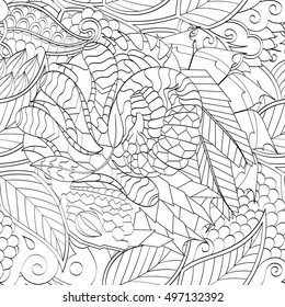 Tracery seamless calming pattern. Mehndi design. Ethnic monochrome binary doodle texture. Curved doodling black and white background. Vector.