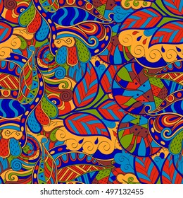 Tracery seamless calming pattern. Mehndi design. Ethnic colorful doodle texture. Curved doodling background. Vector.