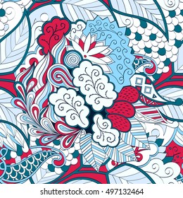 Tracery seamless calming pattern. Mehndi design. Ethnic colorful doodle texture. Curved doodling background. Vector.