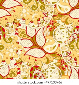 Tracery seamless calming pattern. Mehndi design. Ethnic colorful doodle texture. Curved doodling background. Vector.