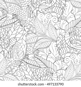 Tracery seamless calming pattern. Mehndi design. Ethnic monochrome binary doodle texture. Curved doodling black and white background. Vector.