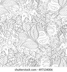 Tracery seamless calming pattern. Mehndi design. Ethnic monochrome binary doodle texture. Curved doodling black and white background. Vector.