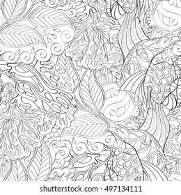 Tracery seamless calming pattern. Mehndi design. Ethnic monochrome binary doodle texture. Curved doodling black and white background. Vector.