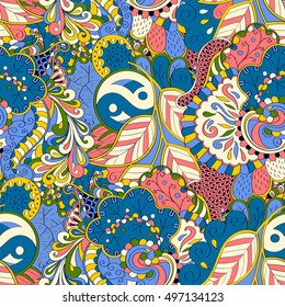Tracery seamless calming pattern. Mehndi design. Ethnic colorful doodle texture. Curved doodling background. Vector.