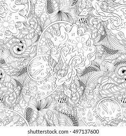 Tracery seamless calming pattern. Mehndi design. Ethnic monochrome binary doodle texture. Curved doodling black and white background. Vector.