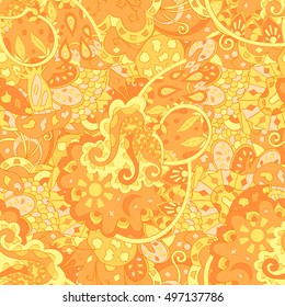 Tracery seamless calming pattern. Mehndi design. Ethnic colorful doodle texture. Curved doodling background. Vector.