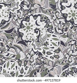 Tracery seamless calming pattern. Mehndi design. Ethnic colorful doodle texture. Curved doodling background. Vector.