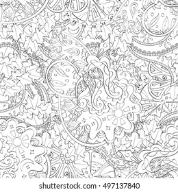 Tracery seamless calming pattern. Mehndi design. Ethnic monochrome binary doodle texture. Curved doodling black and white background. Vector.