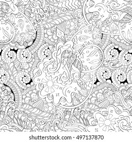 Tracery seamless calming pattern. Mehndi design. Ethnic monochrome binary doodle texture. Curved doodling black and white background. Vector.