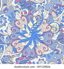 Tracery seamless calming pattern. Mehndi design. Ethnic colorful doodle texture. Curved doodling background. Vector.