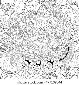 Tracery seamless calming pattern. Mehndi design. Ethnic monochrome binary doodle texture. Curved doodling black and white background. Vector.