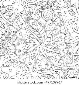 Tracery seamless calming pattern. Mehndi design. Ethnic monochrome binary doodle texture. Curved doodling black and white background. Vector.