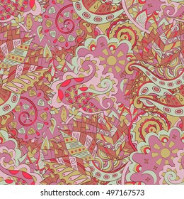 Tracery seamless calming pattern. Mehndi design. Ethnic colorful doodle texture. Curved doodling background. Vector.
