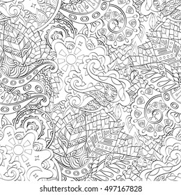Tracery seamless calming pattern. Mehndi design. Ethnic monochrome binary doodle texture. Curved doodling black and white background. Vector.