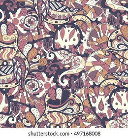 Tracery seamless calming pattern. Mehndi design. Ethnic colorful doodle texture. Curved doodling background. Vector.