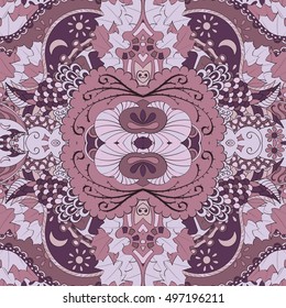 Tracery seamless calming pattern. Mehndi design. Ethnic colorful doodle texture. Curved doodling background. Vector.