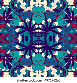 Tracery seamless calming pattern. Mehndi design. Ethnic colorful doodle texture. Curved doodling background. Vector.