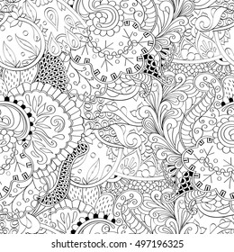 Tracery seamless calming pattern. Mehndi design. Ethnic monochrome binary doodle texture. Curved doodling black and white background. Vector.