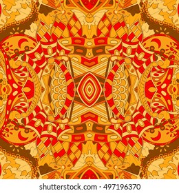 Tracery seamless calming pattern. Mehndi design. Ethnic colorful doodle texture. Curved doodling background. Vector.