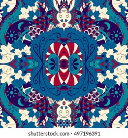 Tracery seamless calming pattern. Mehndi design. Ethnic colorful doodle texture. Curved doodling background. Vector.
