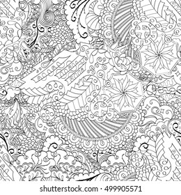 Tracery seamless calming pattern. Mehndi design. Ethnic monochrome binary doodle texture. Curved doodling black and white background. Vector.