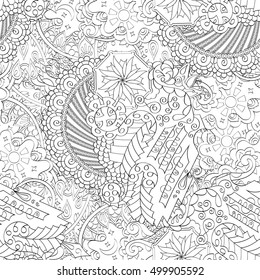 Tracery seamless calming pattern. Mehndi design. Ethnic monochrome binary doodle texture. Curved doodling black and white background. Vector.