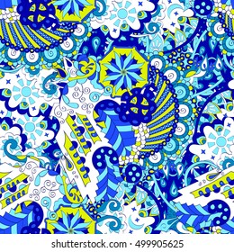 Tracery seamless calming pattern. Mehndi design. Ethnic colorful doodle texture. Curved doodling background. Vector.