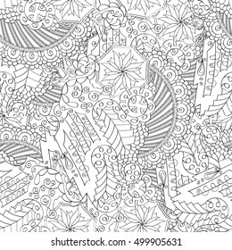 Tracery seamless calming pattern. Mehndi design. Ethnic monochrome binary doodle texture. Curved doodling black and white background. Vector.
