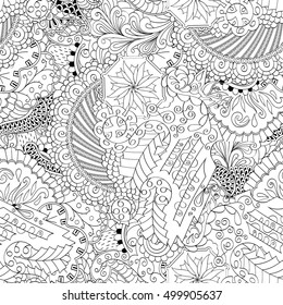 Tracery seamless calming pattern. Mehndi design. Ethnic monochrome binary doodle texture. Curved doodling black and white background. Vector.