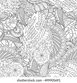 Tracery seamless calming pattern. Mehndi design. Ethnic monochrome binary doodle texture. Curved doodling black and white background. Vector.