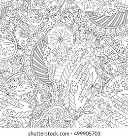 Tracery seamless calming pattern. Mehndi design. Ethnic monochrome binary doodle texture. Curved doodling black and white background. Vector.