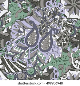 Tracery seamless calming pattern. Mehndi design. Ethnic colorful doodle texture. Curved doodling background. Vector.