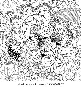 Tracery seamless calming pattern. Mehndi design. Ethnic monochrome binary doodle texture. Curved doodling black and white background. Vector.