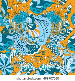Tracery seamless calming pattern. Mehndi design. Ethnic colorful doodle texture. Curved doodling background. Vector.