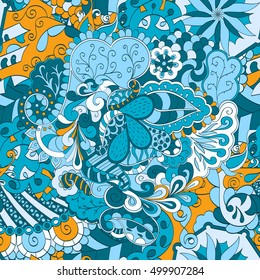 Tracery seamless calming pattern. Mehndi design. Ethnic colorful doodle texture. Curved doodling background. Vector.