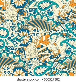 Tracery seamless calming pattern. Mehndi design. Ethnic colorful doodle texture. Curved doodling background. Vector.
