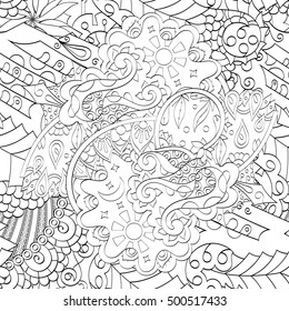 Tracery seamless calming pattern. Mehndi design. Ethnic monochrome binary doodle texture. Curved doodling black and white background. Vector.