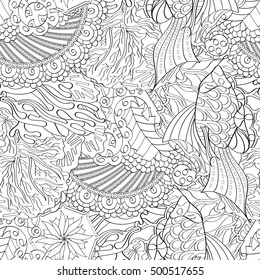 Tracery seamless calming pattern. Mehndi design. Ethnic monochrome binary doodle texture. Curved doodling black and white background. Vector.